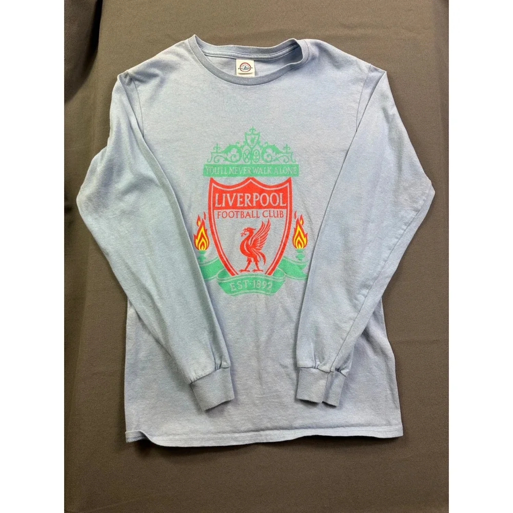 Liverpool‎ FC Kids Long Sleeve Graphic T-Shirt Light Blue LFC Crest Soccer Tee S